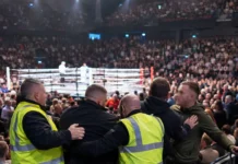 Haos în tribunele 3Arena: bătaie generală în timpul unei gale de box din Dublin Ilustrație a unei altercații în tribunele unei gale de box