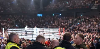 Haos în tribunele 3Arena: bătaie generală în timpul unei gale de box din Dublin Ilustrație a unei altercații în tribunele unei gale de box