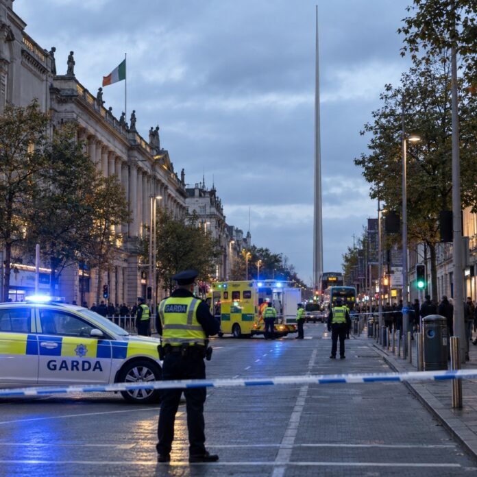 bărbat asistat de polițiști pe O’Connell Street