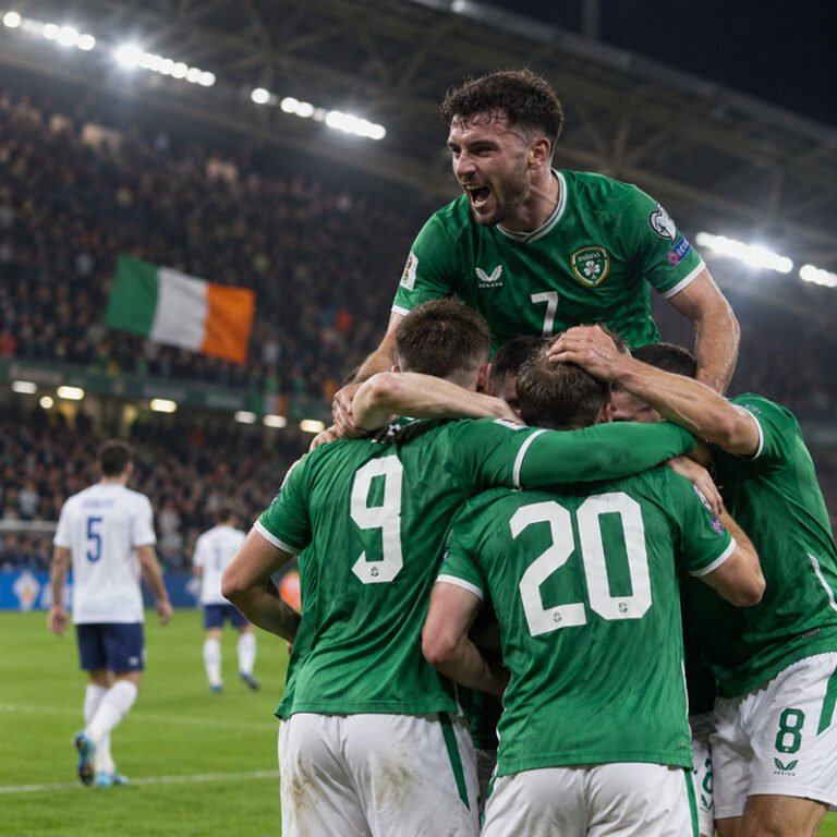 jucători irlandezi sărbătorind golul