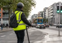 Trotinetă electrică cu cască și vestă reflectorizantă