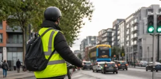 Reguli noi pentru trotinetele electrice în Irlanda de vineri Trotinetă electrică cu cască și vestă reflectorizantă