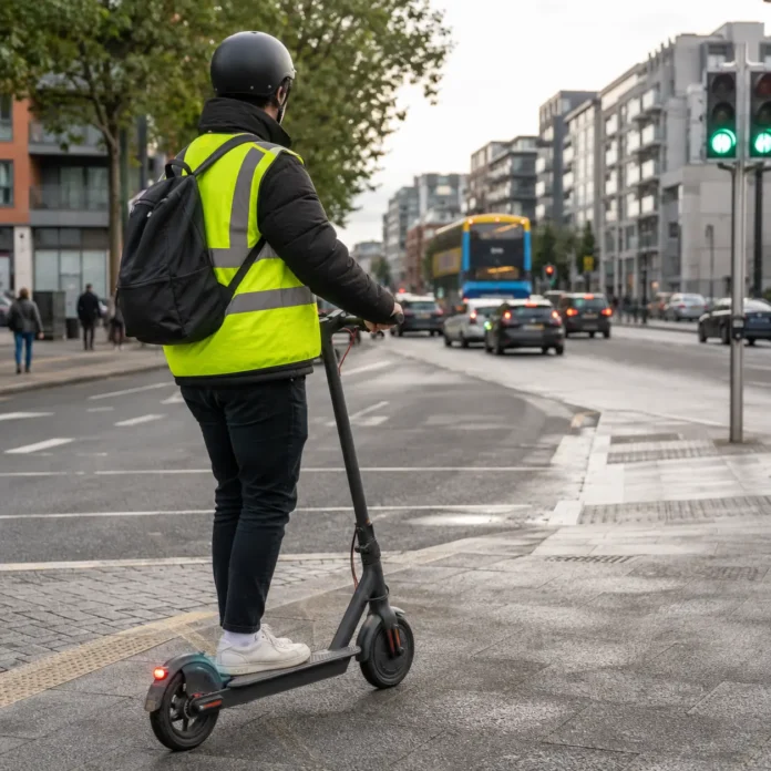 Trotinetă electrică cu cască și vestă reflectorizantă