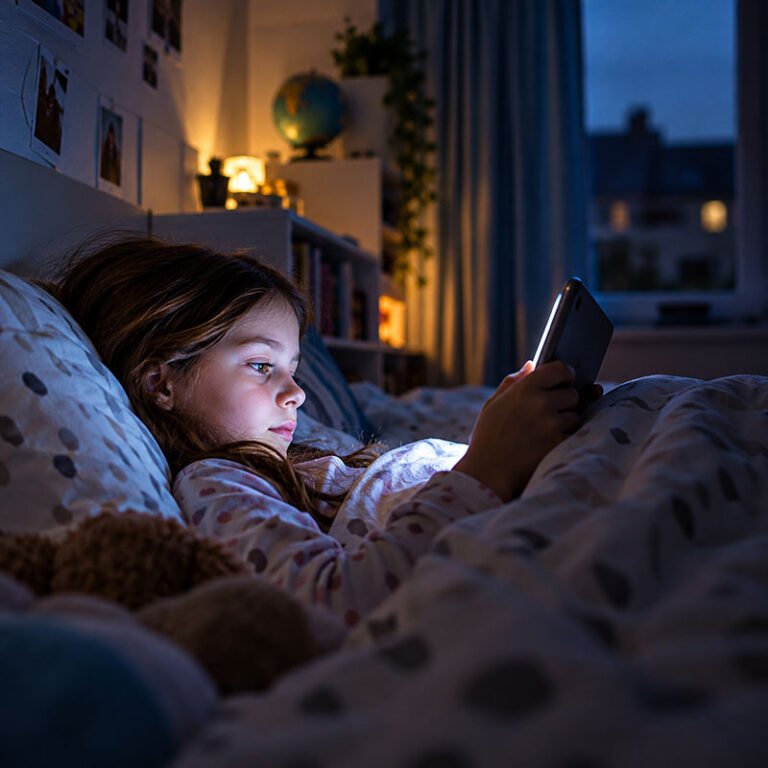 Copil folosind telefon în dormitor noaptea