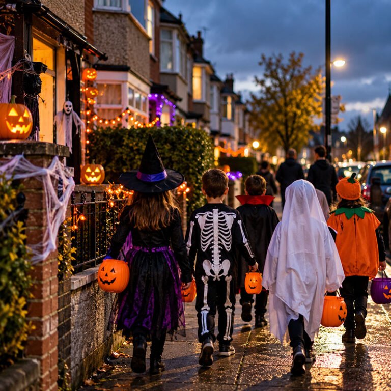 copii în costume de Halloween pe stradă